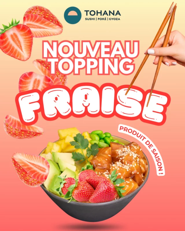 Chez Tohana, le soleil s’invite dans vos bowls avec notre tout nouveau topping 𝑭𝑹𝑨𝑰𝑺𝑬 ! 🍓
Sucrée, juteuse et pleine de peps, elle apporte une touche de fraîcheur irrésistible à votre poké à composer. 😍
Disponible pendant toute la belle saison ! ☀️ À tester sans modération… 🩵🤤
#tohana #tohanafood #pokebowl #toppingfraise #healthyfood #fruitsdesaison #fraise #topping #bowl #food #sucrésalé